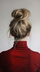 Sticker - Woman with blonde hair in a bun wearing a red turtleneck, rear view, studio shot. Fashion and elegance concept