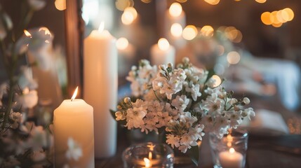 Sticker - Candle and white flower branches in bottles near mirror at wedding reception