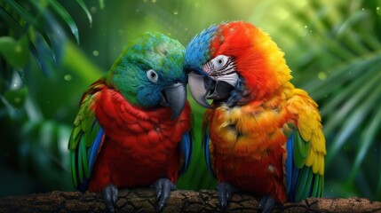 Naklejka na meble Colorful parrots perched on a branch in a lush tropical rainforest, showcasing vibrant plumage and natural beauty.
