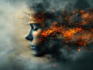 Surreal digital art of a human face merging with fiery particles and ethereal smoke, symbolizing transformation and inner strength.