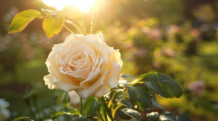 Sticker - Cream colored rose with green leaves against park backdrop