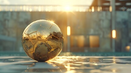 Golden Soccer Ball on Water at Sunset.