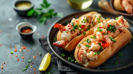 Butter-Poached Lobster Rolls with Spicy Sauce. copy space