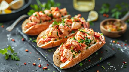 Wall Mural - Butter-Poached Lobster Rolls with Spicy Sauce. copy space