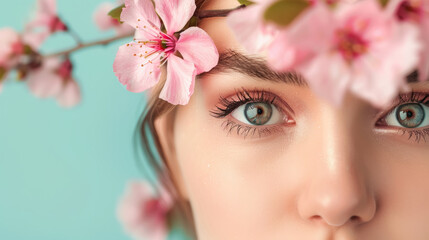 Close-up portrait of a woman with cherry blossom flowers and green eyes, surrounded by soft pastel colors, creating a serene and dreamy atmosphere.