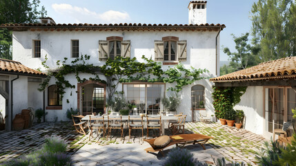 Wall Mural - An elegant French country farmhouse with whitewashed walls, terra cotta tiles, and a cozy outdoor dining area, positioned in a rural setting