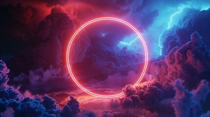 Wall Mural - abstract futuristic geometric background with neon ring and stormy clouds over night sky, round fram
