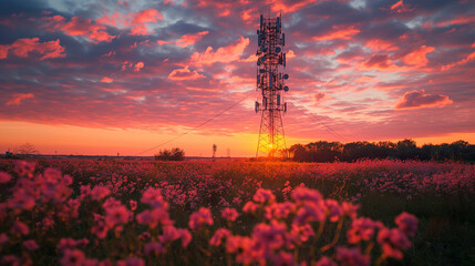 Wall Mural - nature photo, red and white communication tower with satellite antennas in a field at the summer sunset.