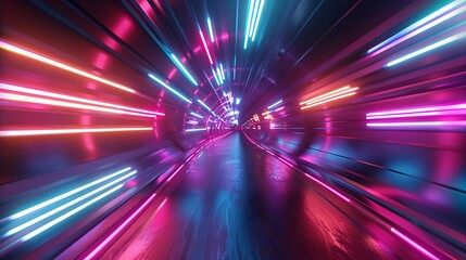 Wall Mural - abstract flight in retro neon hyper warp space tunnel - 3d illustration of futuristic sci-fi concept