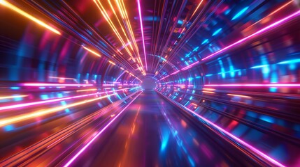 Wall Mural - abstract flight in retro neon hyper warp space tunnel - 3d illustration of futuristic sci-fi concept