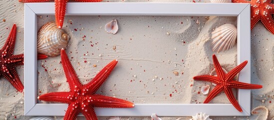 Canvas Print - Red starfish, beach sand, and white frame with copy space from above. Minimal summer concept featuring a trendy tropical beach. Flat lay image capturing a summer aesthetic vibe.