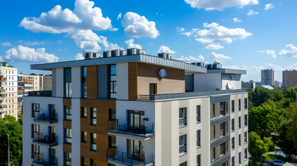 Wall Mural - Panoramic view of the city featuring a flat-roofed modern apartment building with air conditioners on top, part of a mixed-use urban multi-family residential district development