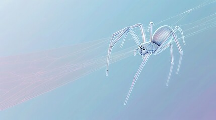 A minimalist design featuring a sleek, silver spider on a thin web, isolated on a background that fades from sapphire blue to a soft pastel purple, emphasizing simplicity and fear.