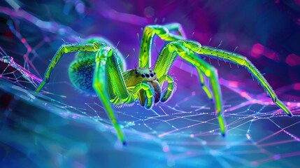 A neon-themed image of a spider in a web, the spider's body depicted in neon green against a stark contrast of deep blue and vibrant purple, enhancing its eerie presence.