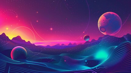 Wall Mural - alien planet and space abstract background with vibrant circles, retro neon psychedelic aesthetic, h