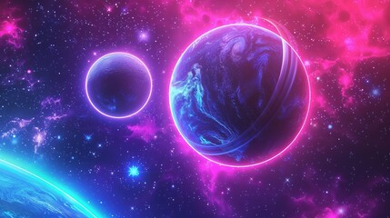Wall Mural - surreal alien planet and space abstract background with retro neon circles, psychedelic design in vi