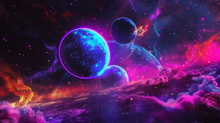 Wall Mural - alien planet and space abstract background with vibrant circles, retro neon psychedelic aesthetic, h