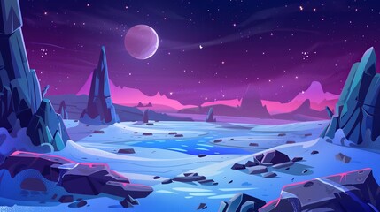 Wall Mural - extraterrestrial alien planet landscape with rocks, frozen pond, and glowing stars under night sky -
