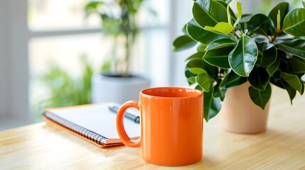 A small tangerine mug brightens a light pine desk in a minimalist setting, complete with notepad and Ficus.
