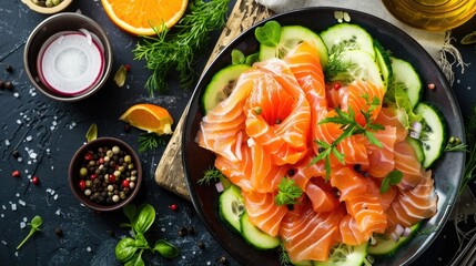 Colorful arrangement of raw salmon salad with crisp green vegetables, perfect for fresh culinary inspiration