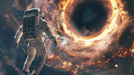 Wall Mural - astronaut exploring cosmic mysteries: space explorer in front of a majestic black hole in the univer