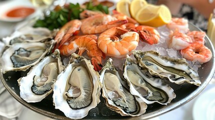 Wall Mural - Delicious seafood platter with fresh oysters, shrimp, and scallops, elegantly arranged