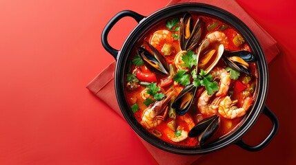 Wall Mural - Hot pot of spicy seafood soup, filled with shrimp, mussels, and vegetables, isolated on red