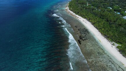 Wall Mural - Tropical coastline with ocean, sandy beach in Fuvahmulah island. Aerial view