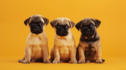 Wall Mural - Three adorable pug puppies sit in a row on a yellow background.