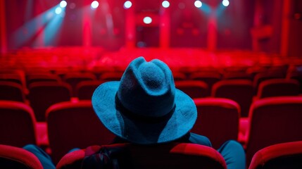 Person in a hat sitting in an empty theater with red seats, illuminated stage lights