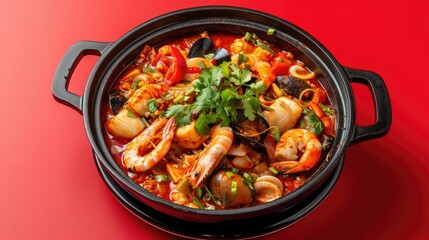 Wall Mural - Spicy mixed seafood soup in a hot pot, with shrimp, squid, and vegetables, isolated on red