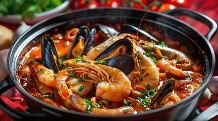 Wall Mural - Spicy seafood soup in a hot pot, filled with shrimp, squid, and mussels, isolated on red