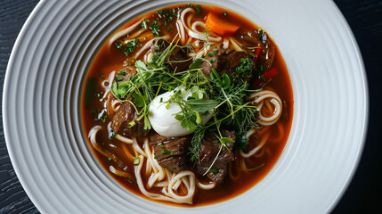 Wall Mural - Steaming uzbek lagman soup with tender beef, chewy noodles, and fresh herbs, served in a stylish white bowl