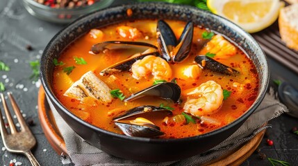 Wall Mural - Traditional French bouillabaisse soup with fish, mussels, and shrimp, served hot