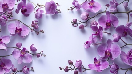 Purple orchids arranged on a white backdrop with an orchid themed background