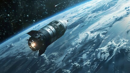 Wall Mural - cargo spaceship orbiting earth in dark space with a stunning view of the blue planet below