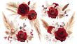 © LOVE VECTOR - Watercolor floral bouquet in Bohemian style with red garden roses, pampas grass, and elegant dried palm leaves. Editable vector illustration for wedding invitations, greetings, Christmas party decorat