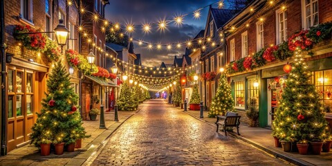 Beautifully decorated Christmas street with festive lights and decorations, Christmas, street, illuminated, holiday