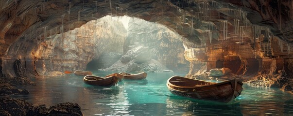 An underground river with raft-boats.