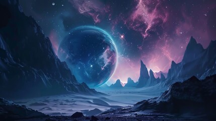 Wall Mural - futuristic space planet landscape in high definition, ideal desktop wallpaper background with cosmic