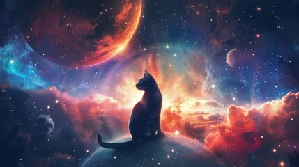 Wall Mural - whimsical cat astronaut floating in outer space with stars and planets in the background, perfect fo