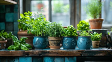 Fresh herbs in a rustic kitchen, copy space, organic cooking