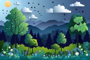 illustration of sunset view with colorful  tree and garden in paper art style, minimal nature landscape mountain, hill, sky and forest scenery banner background paper art style.