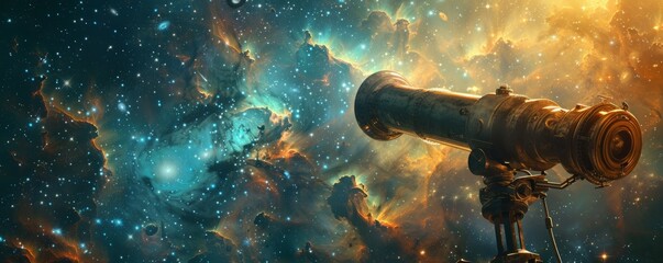 Wall Mural - a telescope peering into the depths of space, revealing galaxies and stars that are billions of year