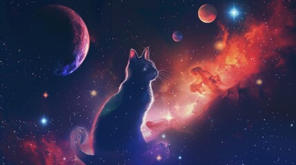 Wall Mural - whimsical cat astronaut floating in outer space with stars and planets in the background, perfect fo