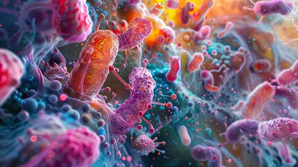 Wall Mural - Colorful abstract representation of microscopic bacteria and microorganisms in a vibrant, detailed, and dynamic close-up view.