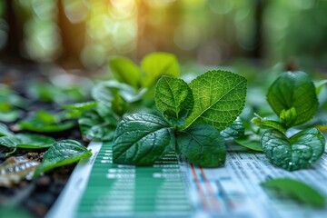 Wall Mural - Leaves on Financial Document with Green Graphs Clipart depiction of leaves overlaying a financial document with green graphs, highlighting the importance of sustainable investment and eco-friendly