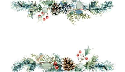 Wall Mural - Vector Christmas frame with watercolor fir branches, leaves, and a cone, hand-painted Christmas frame, watercolor holiday foliage, festive winter illustration