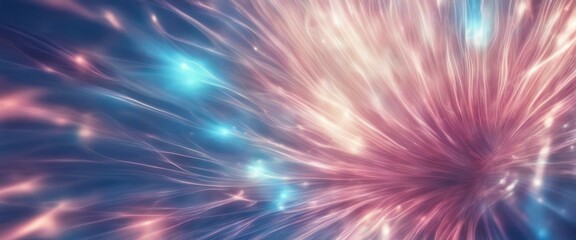 Background in blue and pink colors, featuring light streaks resembling fireworks bursting in the night sky, creating a magical effect.