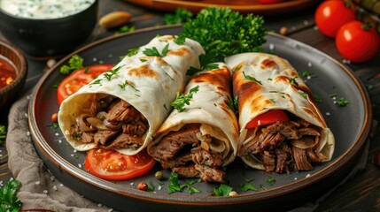 Wall Mural - Traditional Turkish Doner Kebab Wrapped in Lavash Bread With Savory Sauce on a Plate